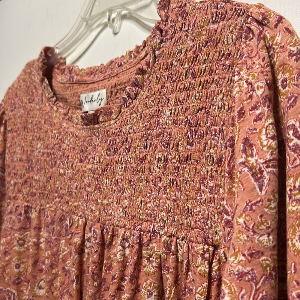 Wonderly Women’s Sz M Brand Pink Smocked Yoke Blouse Long Sleeve Boho